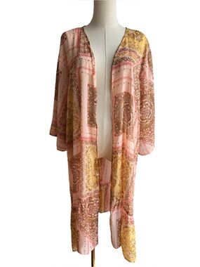 Maurices Floral Boho Longline Kimono 2X Pink Gold Patchwork Long Ruffle Layering